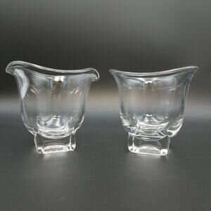 Vintage Cambridge Glass Creamer & Sugar Bowl Set Clear Square Foot MCM 1950s